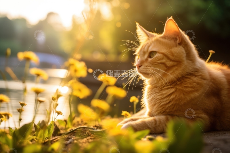高清大图下载【趣麦麦图】趴在湖边的一只橘猫