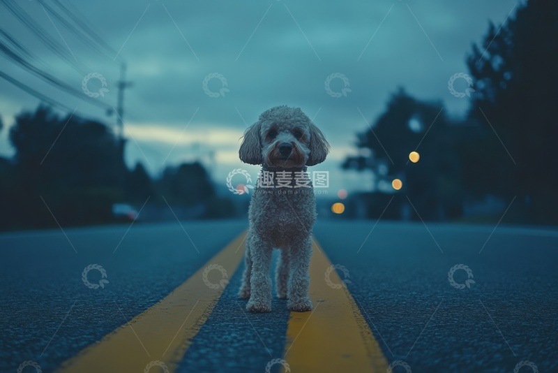 高清大图下载【趣麦麦图】站在马路上的可爱小狗