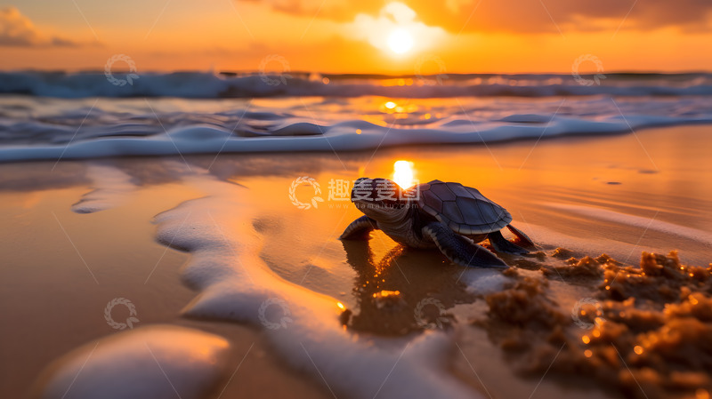 高清大图下载【趣麦麦图】日落海边的小海龟