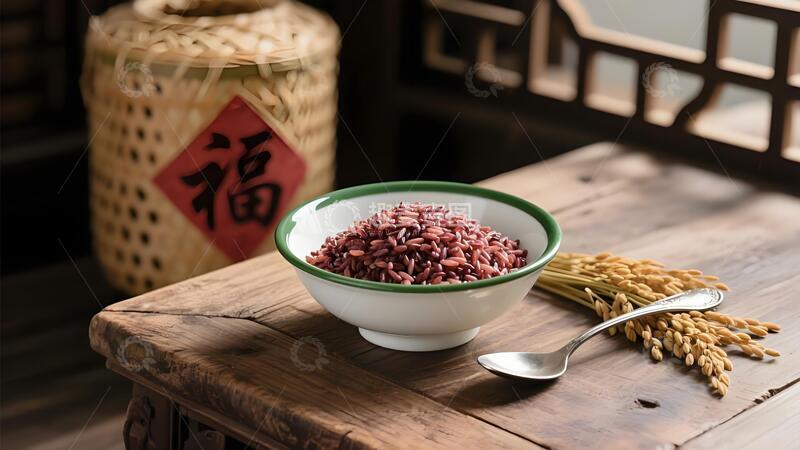 高清大图下载【趣麦麦图】绿边白瓷碗盛满红米米饭质朴中式氛围