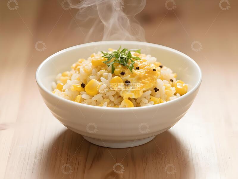 高清大图下载【趣麦麦图】色泽金黄的炒饭点缀香菜放置于浅色木纹桌