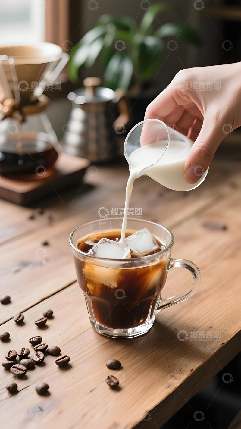 高清大图下载【趣麦麦图】饮品制作抓拍手将鲜奶倒入透明玻璃咖啡杯
