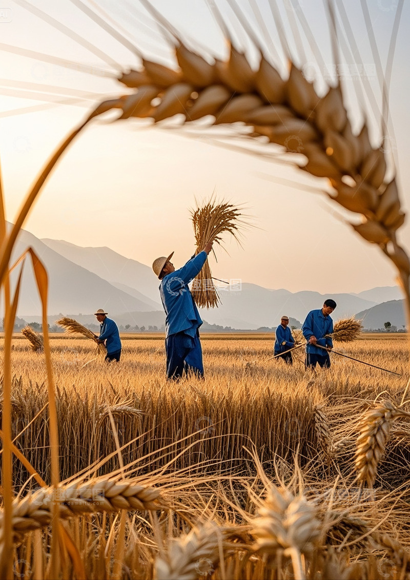 高清大图下载【趣麦麦图】辛勤劳作的农民收麦子素材