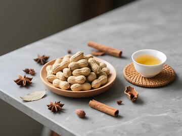 高清拍摄浅木盘堆着花生米周边点缀香料