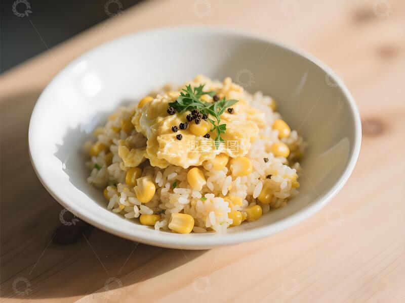 特写镜头白色瓷碗盛玉米蛋炒饭光线明亮温暖