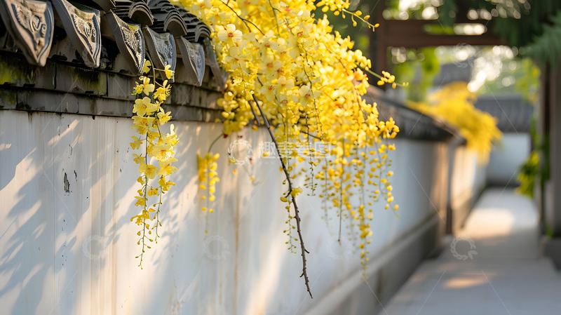 高清大图下载【趣麦麦图】春日白墙前的小花与阳光