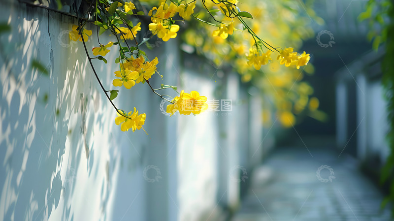 高清大图下载【趣麦麦图】春日白墙前的小花与阳光2