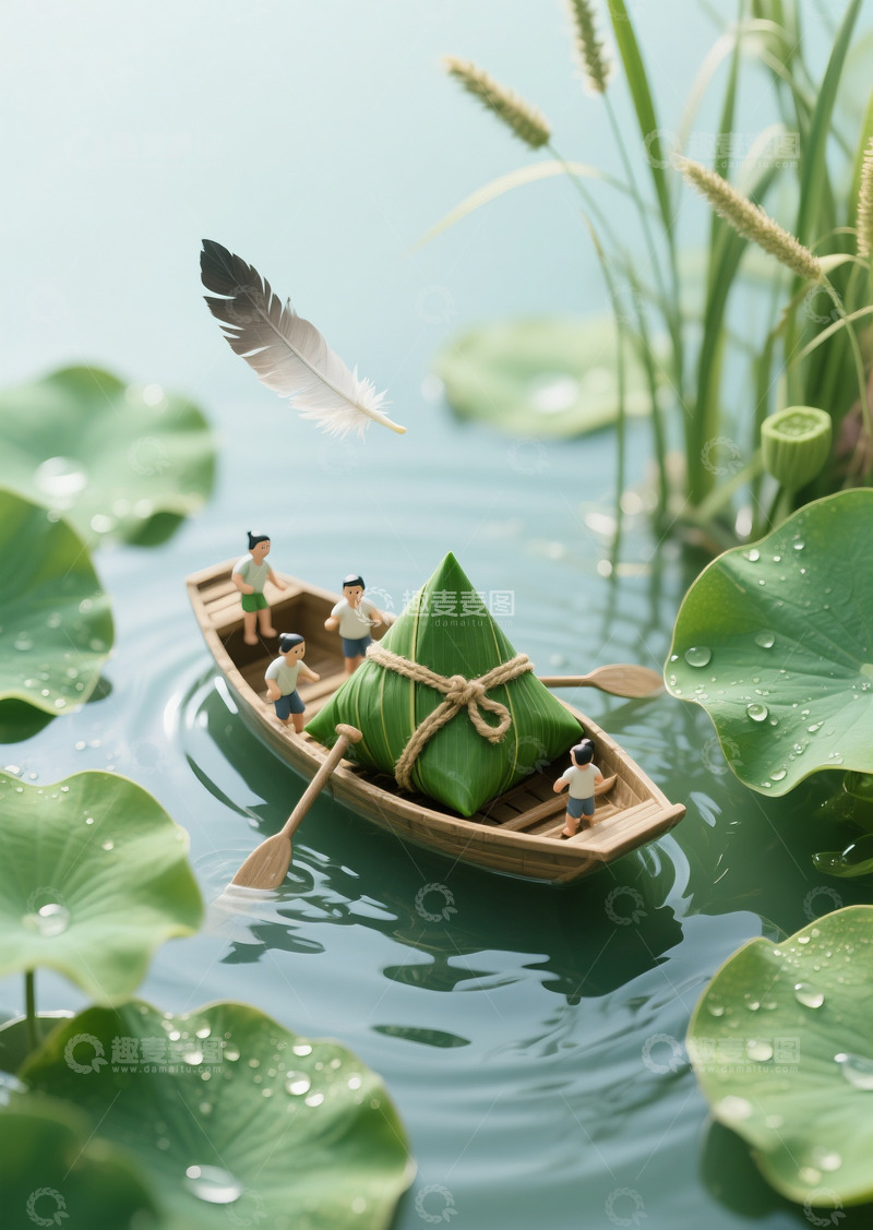 高清大图下载【趣麦麦图】端午节粽子小船3D微缩场景图