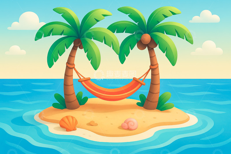 高清大图下载【趣麦麦图】大海沙滩椰子树吊床插画