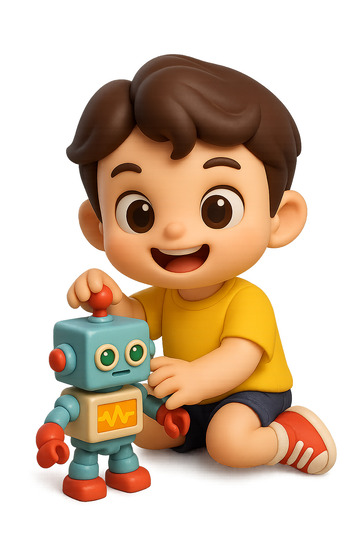 一个可爱的小男孩在和机器人一起玩透明背景