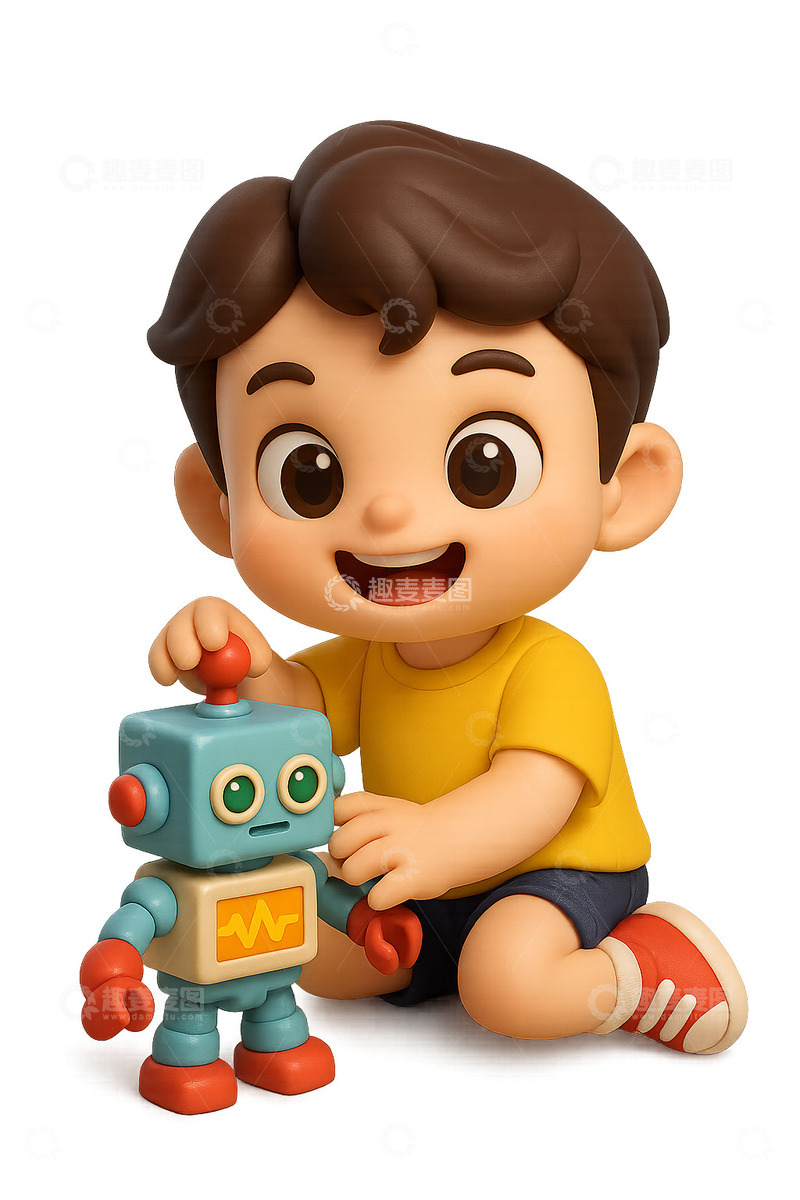 高清大图下载【趣麦麦图】一个可爱的小男孩在和机器人一起玩透明背景