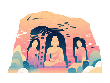 云冈石窟城市地标插画素材