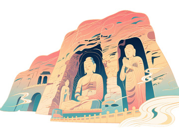 云冈石窟城市地标插画素材1