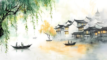 徽派建筑意境中国风手绘插画3