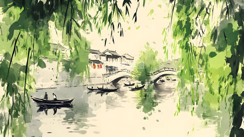 高清大图下载【趣麦麦图】徽派建筑意境中国风手绘插画4