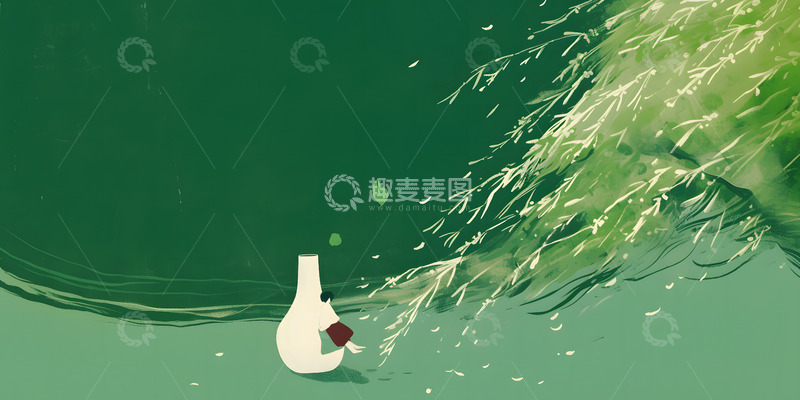 高清大图下载【趣麦麦图】绿色柳树意境写意人物场景插画