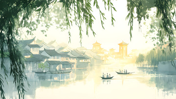 徽派建筑意境中国风手绘插画5