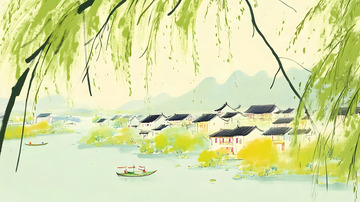 徽派建筑意境中国风手绘插画