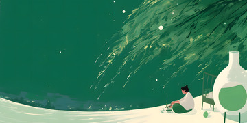 绿色柳树意境写意人物场景插画1