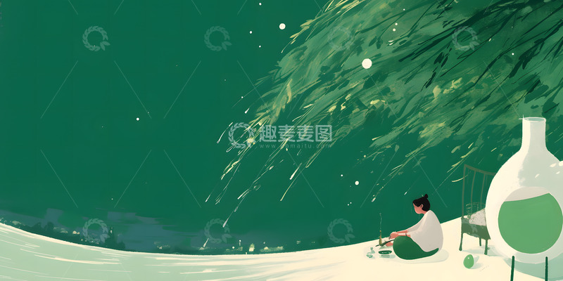 高清大图下载【趣麦麦图】绿色柳树意境写意人物场景插画1