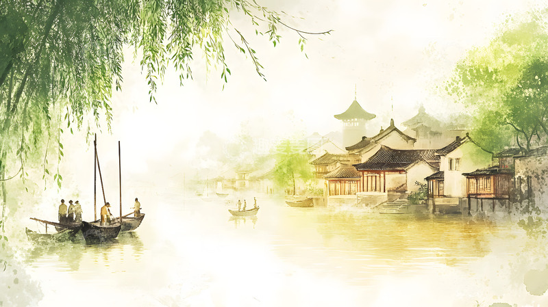 高清大图下载【趣麦麦图】徽派建筑意境中国风手绘插画1