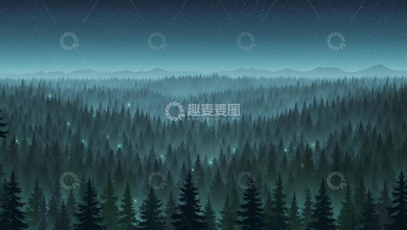 高清大图下载【趣麦麦图】薄雾森林夜景