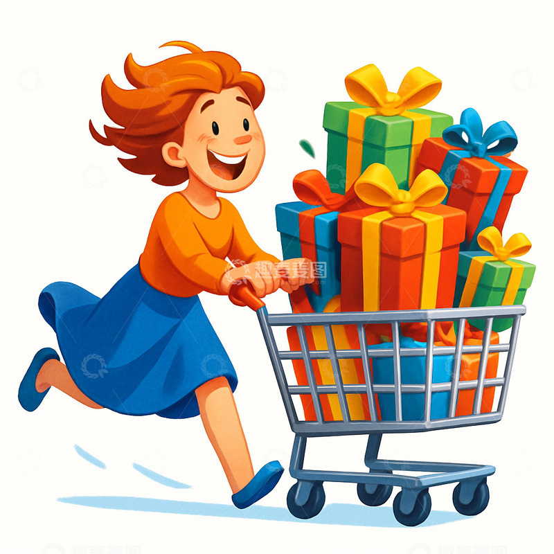 高清大图下载【趣麦麦图】女性推着装满礼物的购物车插画