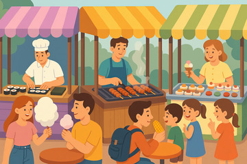 户外美食集市摊位插画