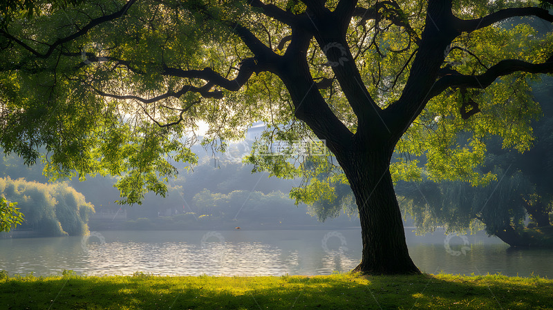 高清大图下载【趣麦麦图】晨光中的公园树木草地3