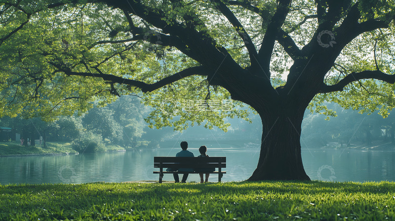 高清大图下载【趣麦麦图】晨光中的公园树木草地1