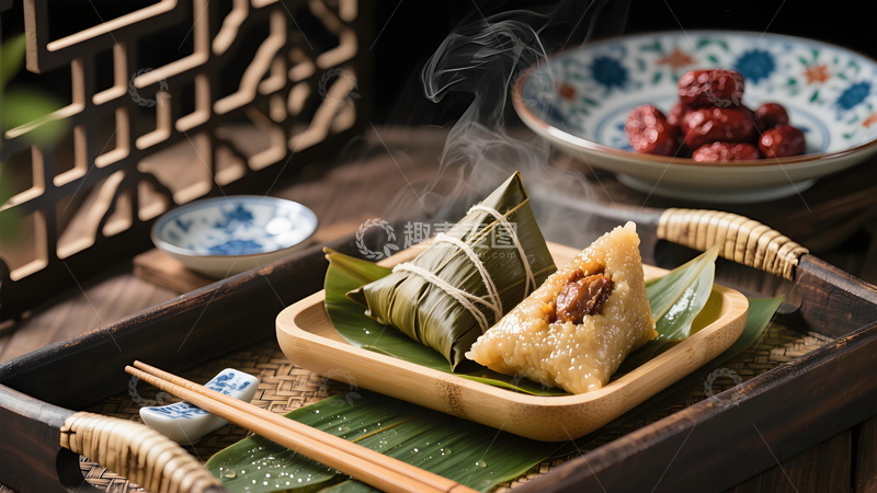 高清大图下载【趣麦麦图】中式美食摄影冒热气的美味粽子与传统餐具