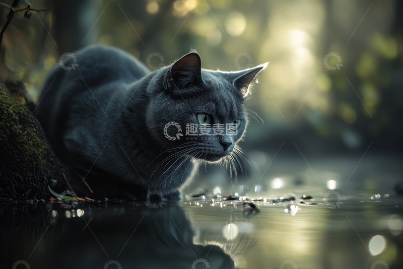 高清大图下载【趣麦麦图】蹲在湖边的一只小猫咪