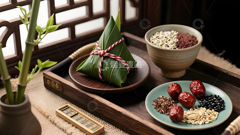 高清大图下载【趣麦麦图】传统风格静物图粽子与食材的雅致搭配