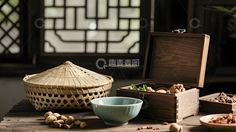高清大图下载【趣麦麦图】古风静物古朴木盒与竹编容器的中药材组合