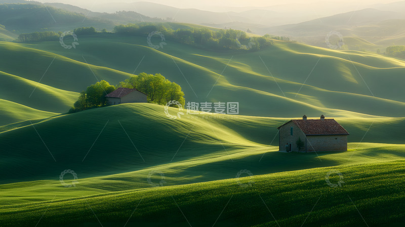 高清大图下载【趣麦麦图】绿色草原上的小屋