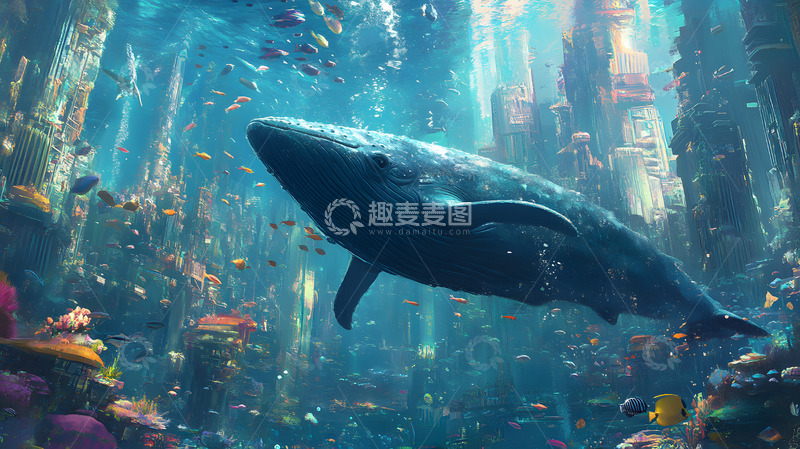 高清大图下载【趣麦麦图】科幻感水族馆鲸鱼背景素材1