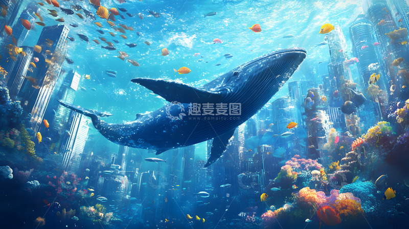 高清大图下载【趣麦麦图】科幻感水族馆鲸鱼背景素材5