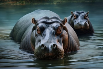 河里游泳的一只河马