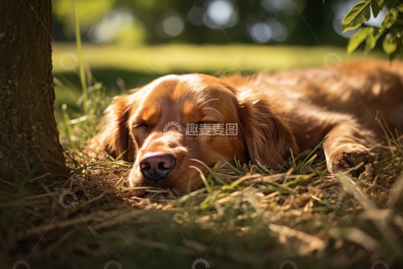 高清大图下载【趣麦麦图】草坪上睡觉的一只金毛