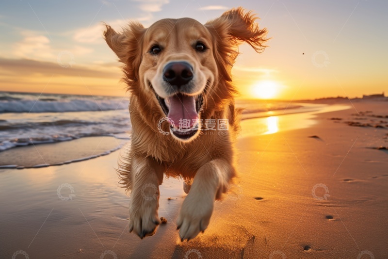 高清大图下载【趣麦麦图】大海边奔跑的一只金毛