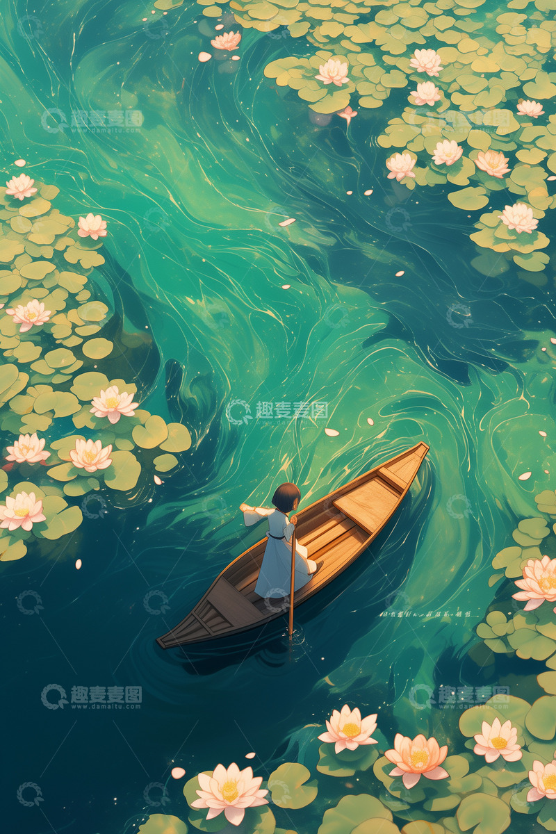 高清大图下载【趣麦麦图】夏天荷塘划船2