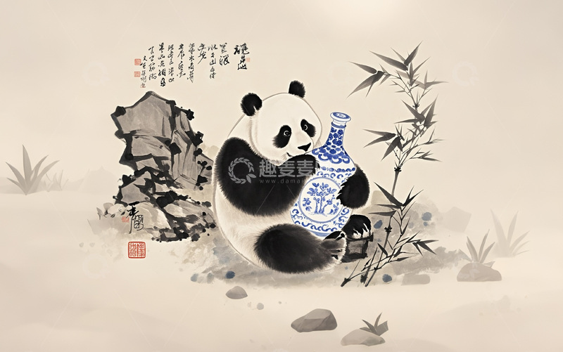 高清大图下载【趣麦麦图】国风水墨大熊猫