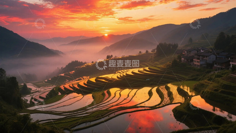 高清大图下载【趣麦麦图】夕阳下的梯田2