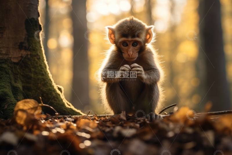 高清大图下载【趣麦麦图】蹲在树林中的可爱小猴子