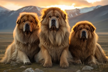 坐在草原上的三只藏獒