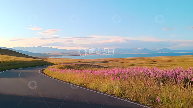 高清大图下载【趣麦麦图】雪山下的湖泊公路花草