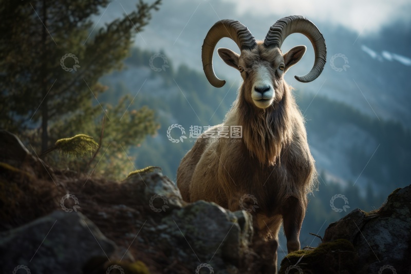 高清大图下载【趣麦麦图】山坡上站立的一只大角山羊