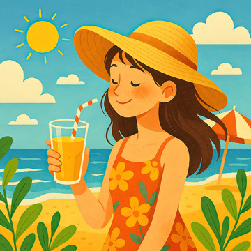 夏天海边一个女孩手拿饮料插画