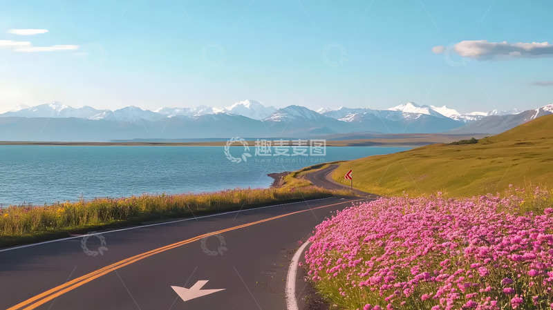高清大图下载【趣麦麦图】雪山下的湖泊公路花草1