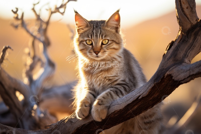 高清大图下载【趣麦麦图】野外趴在树枝上的猫咪